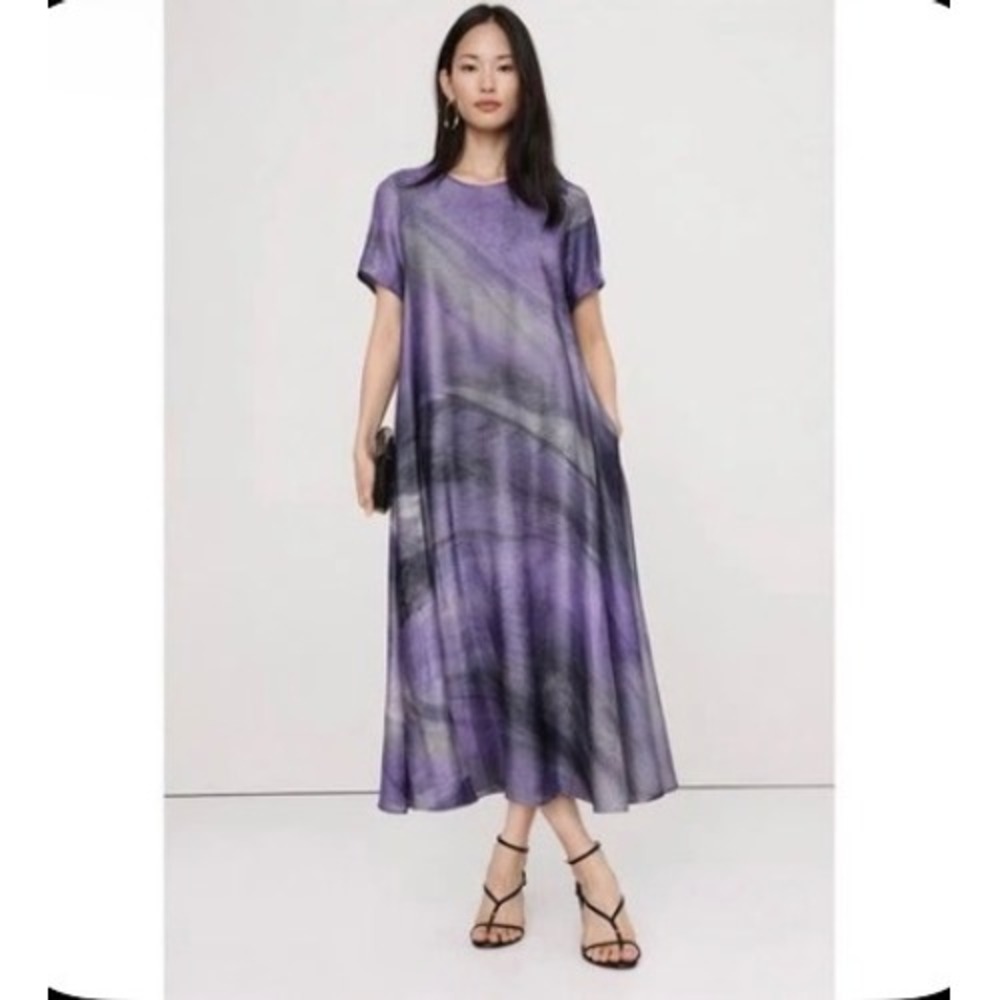 Banana Republic Purple Abstract Marble Print Maxi Dress Short Sleeve Sample Sz S